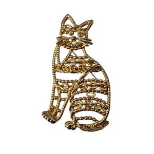 Vintage Signed AJC Gold Tone Chain Whiskers Cute Cat Kitty Brooch Pin‎